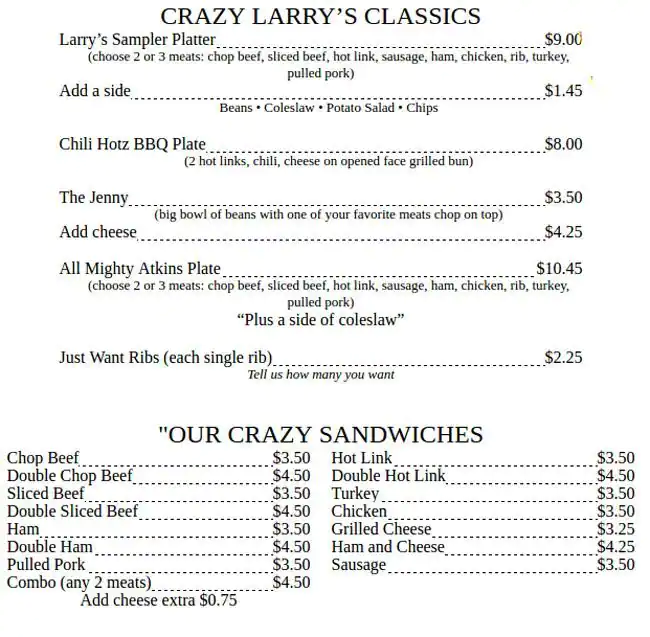 Menu of Crazy Larry's Bar-B-Que, Amarillo, Amarillo  