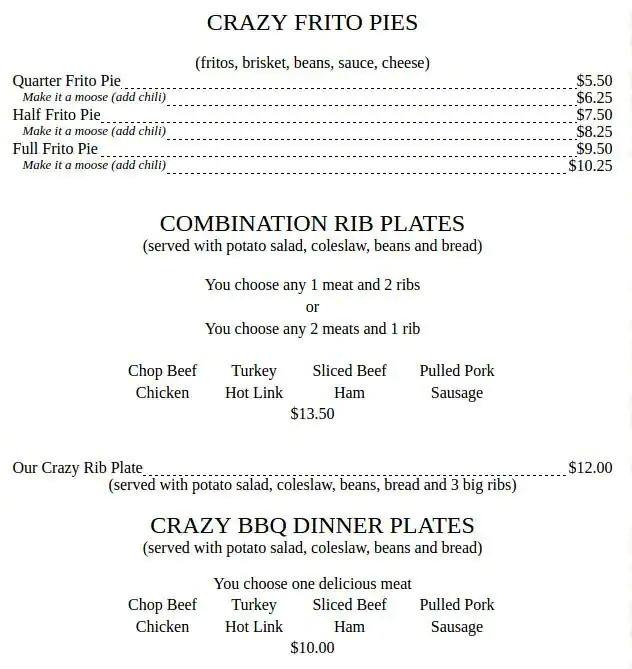 Menu of Crazy Larry's Bar-B-Que, Amarillo, Amarillo  