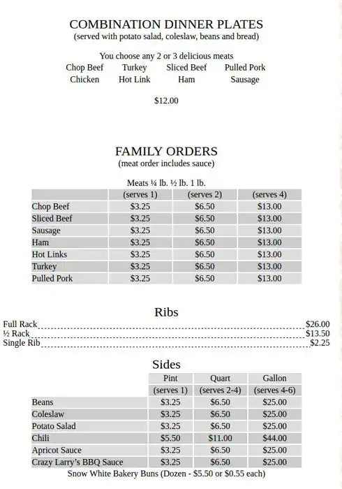 Menu of Crazy Larry's Bar-B-Que, Amarillo, Amarillo  