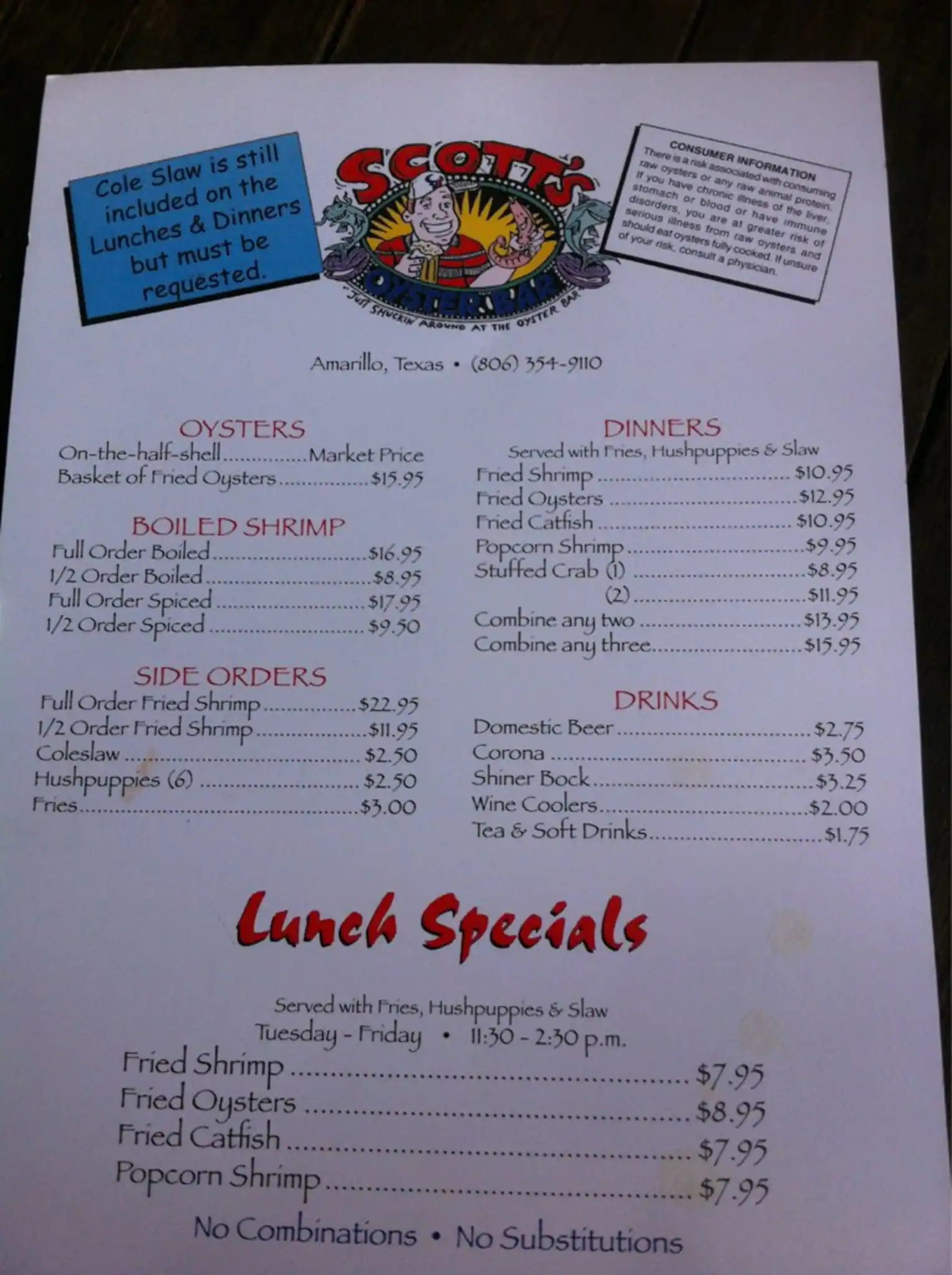 Menu of Scott's Oyster Bar, Amarillo, Amarillo  