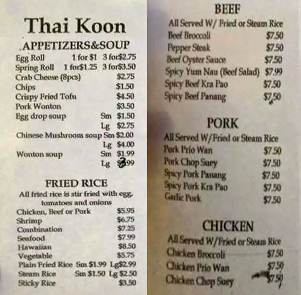 Menu of Thai Koon, Amarillo, Amarillo  