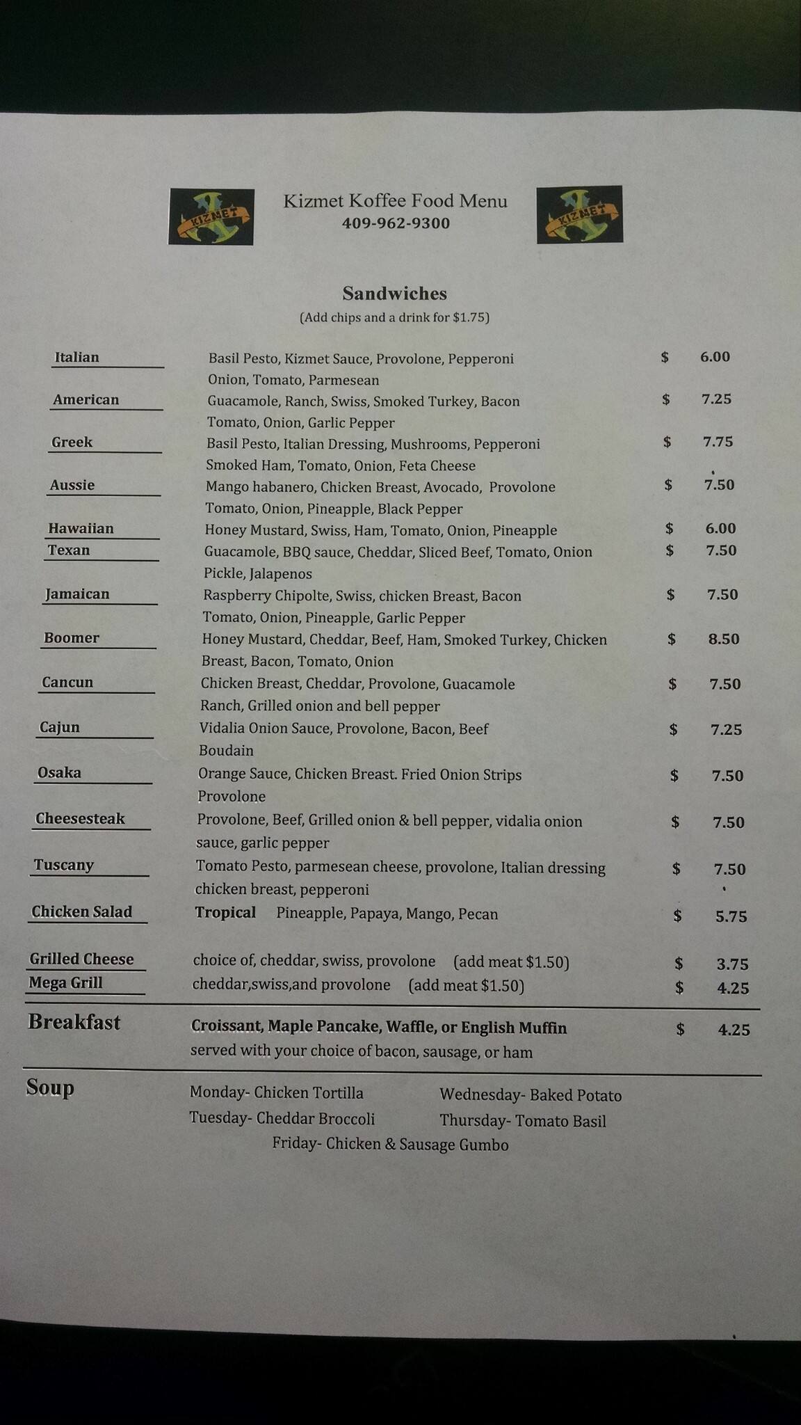 Menu of Kizmet Koffee, Groves, Beaumont  