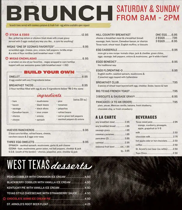 Menu of Ozona Grill & Bar, College Station, College Station  