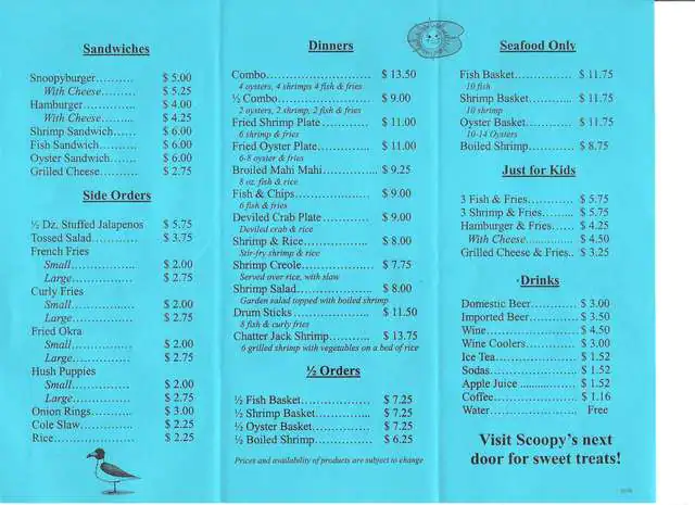 Menu of Snoopy's Pier, Corpus Christi, Corpus Christi  