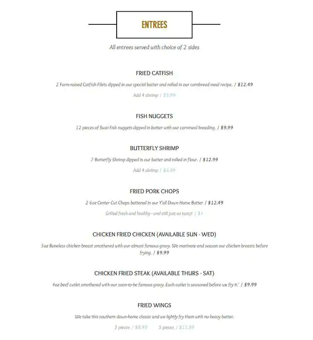 Menu of Y'all Down Home Cafe, Manor, Austin  