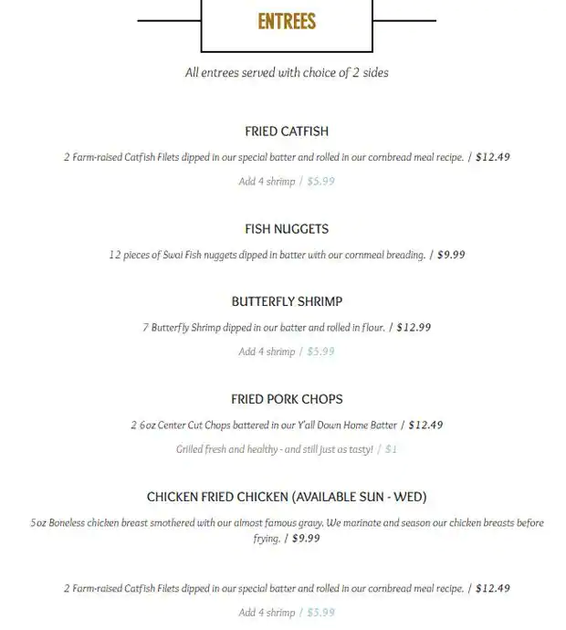 Menu of Y'all Down Home Cafe, Manor, Austin  