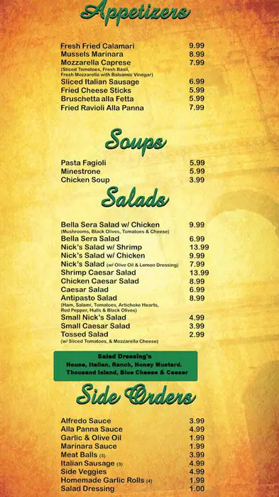 Menu of Bella Sera, Lockhart, Caldwell County  