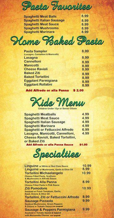 Menu of Bella Sera, Lockhart, Caldwell County  