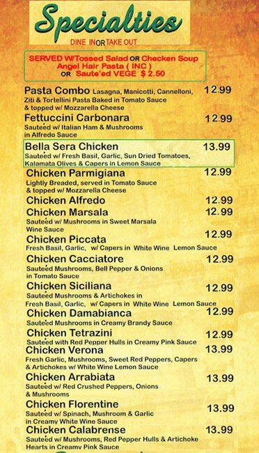 Menu of Bella Sera, Lockhart, Caldwell County  