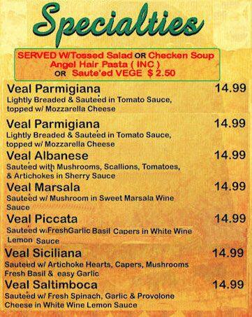 Menu of Bella Sera, Lockhart, Caldwell County  