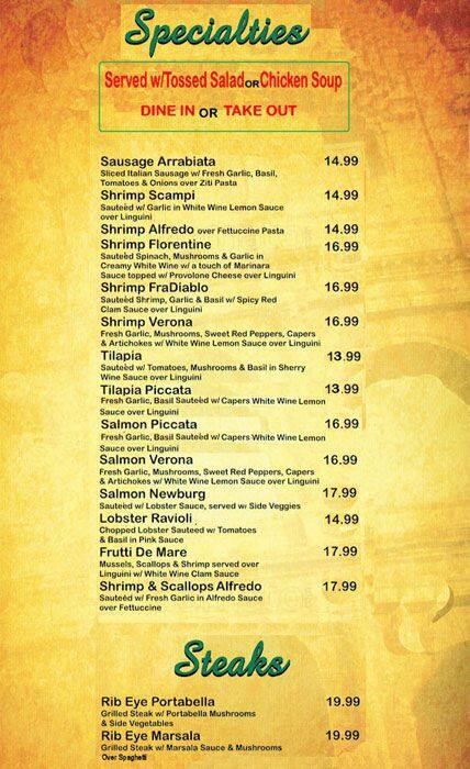 Menu of Bella Sera, Lockhart, Caldwell County  