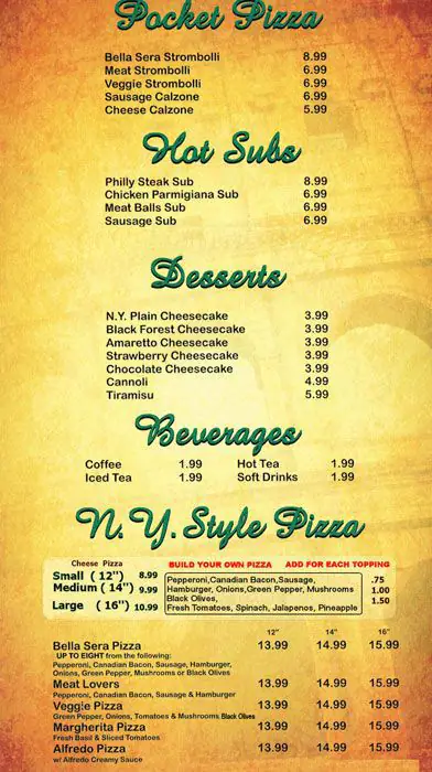 Menu of Bella Sera, Lockhart, Caldwell County  