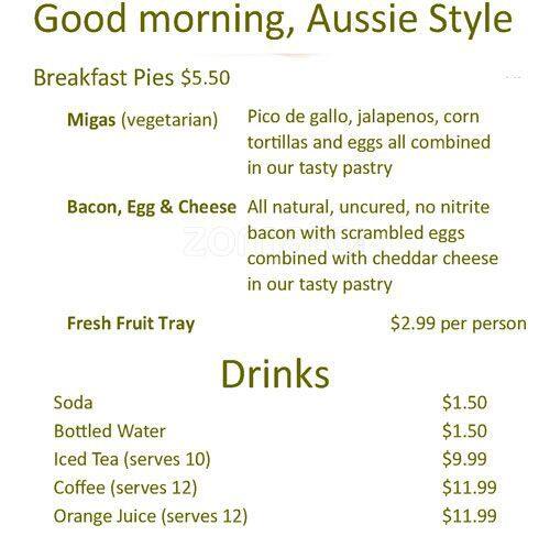 Menu of Boomerang's Handheld Aussie Pies, University of Texas, Austin  