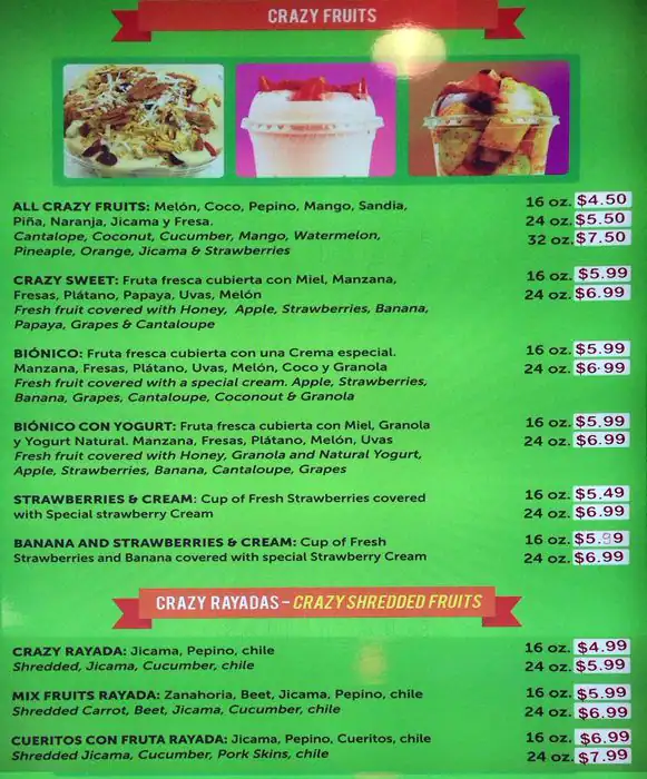 Menu of Crazy Fruits, Southpark Meadows, Austin  