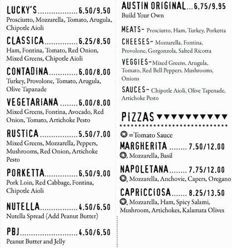 Menu of Luckys Puccias and Pizzeria, Clarksville, Austin  