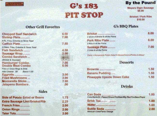 Menu of G's 183 Pit Stop, Del Valle, Austin  