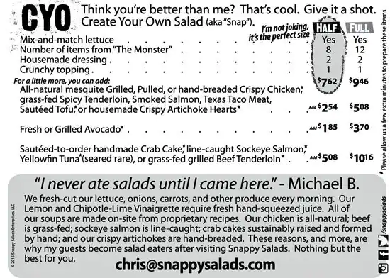 Menu of Snappy Salads, Far North Dallas, Dallas  