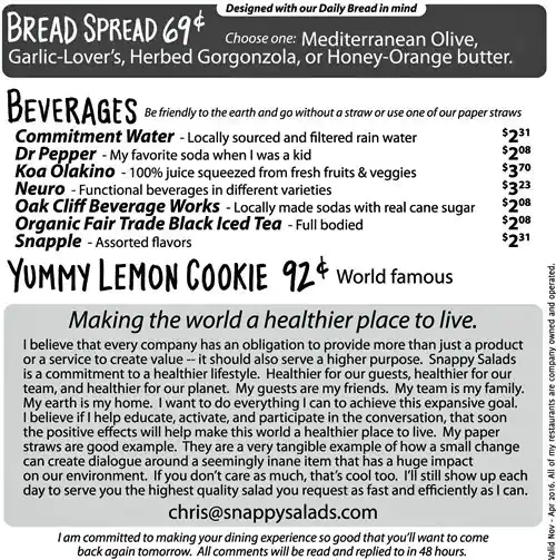 Menu of Snappy Salads, Far North Dallas, Dallas  