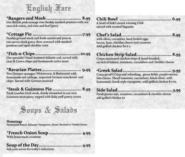 Menu of The Lion & Crown, Allen, Allen  