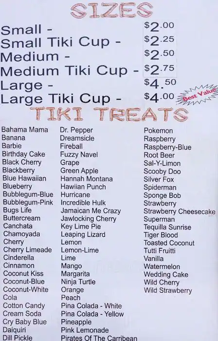 Menu of Tiki Treats, Burleson, Burleson  