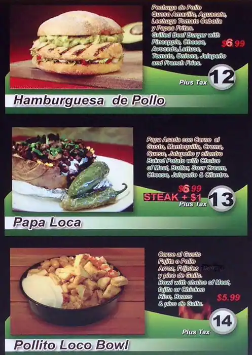 Menu of El Pollito Loco, Northwest Dallas, Dallas  