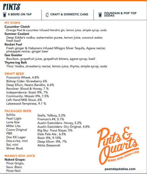 Menu of Pints and Quarts, Lower Greenville, Dallas  