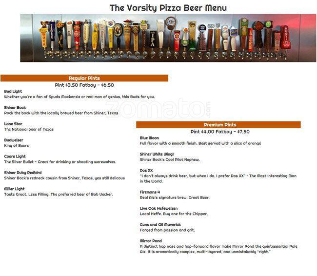 Menu of Varsity Pizza and Pints, Rosewood, Austin  