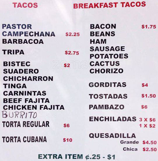 Menu of Tacos Estrella, Westgate, Austin  