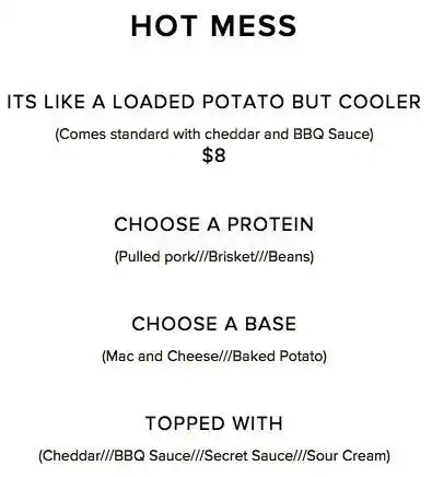 Menu of Hot Mess, East Cesar Chavez, Austin  