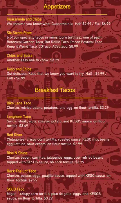 Menu of Kesos Taco House, West Campus, Austin  