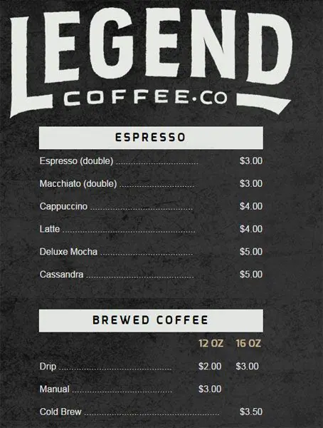 Menu of Legend Coffee Co., Rosewood, Austin  