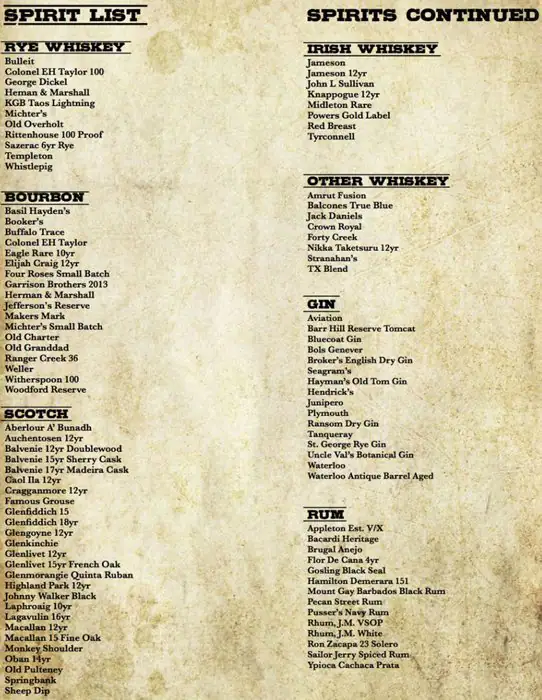 Menu of Armoury, D.E., Deep Ellum, Dallas  