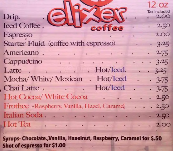 Menu of Elixer Coffee, Mueller, Austin  