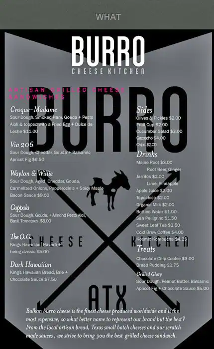 Menu of Burro Cheese Kitchen, West Lake Hills, Austin  