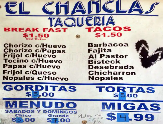 Menu of El Chanclas, Del Valle, Austin  