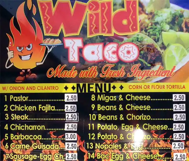 Menu of Wild Taco, Northwest Hills, Austin  