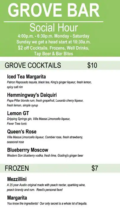 Menu of The Grove Wine Bar & Kitchen, Downtown, Austin  