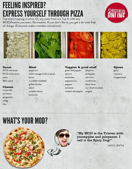 Menu of MOD Pizza, East Riverside, Austin  