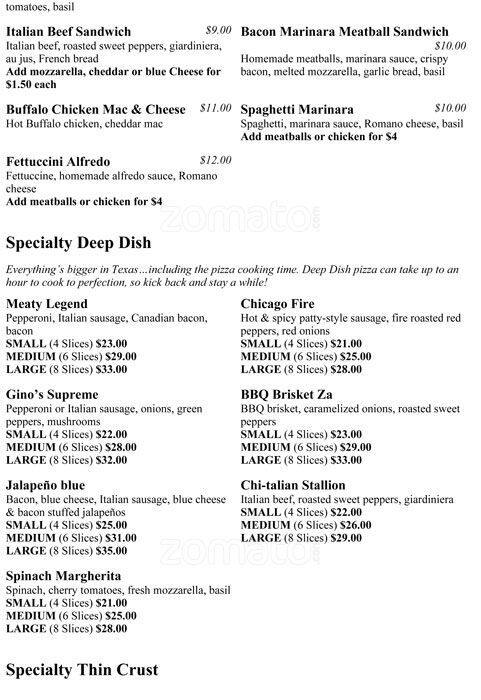 Menu of Gino's East, Northwest Dallas, Dallas  