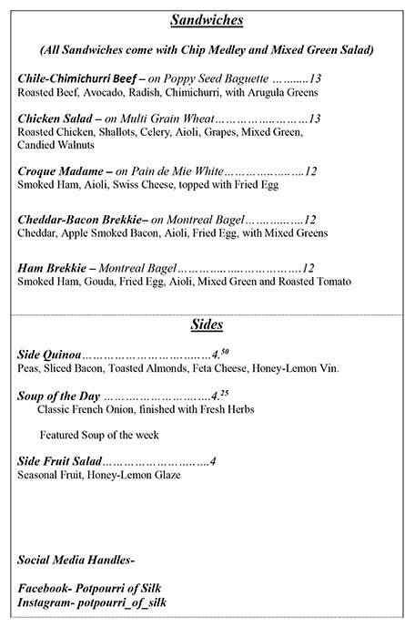 Menu of Potpourri of Silk, Bishop Arts District, Dallas  
