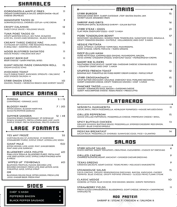 Menu of STIRR, Deep Ellum, Dallas  