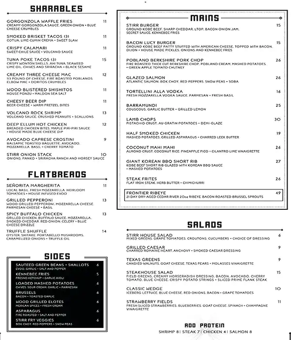 Menu of STIRR, Deep Ellum, Dallas  