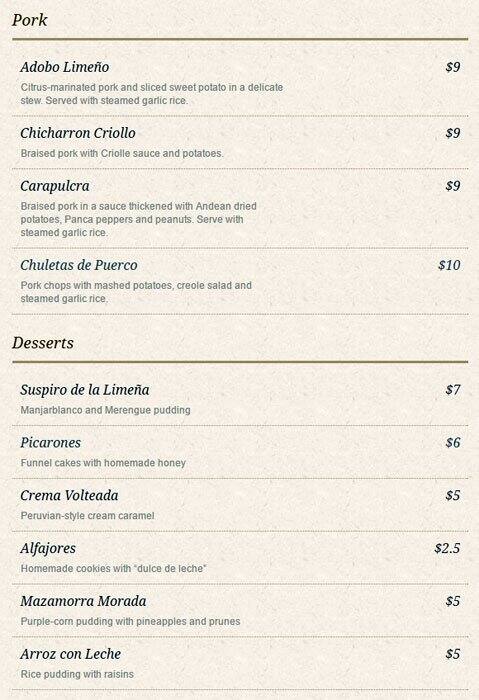 Menu of Lima Criolla, Windsor Park, Austin  