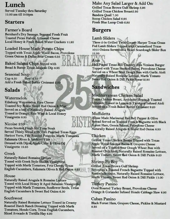 Menu of Brantley's 259 Bistro, Boerne, Boerne  