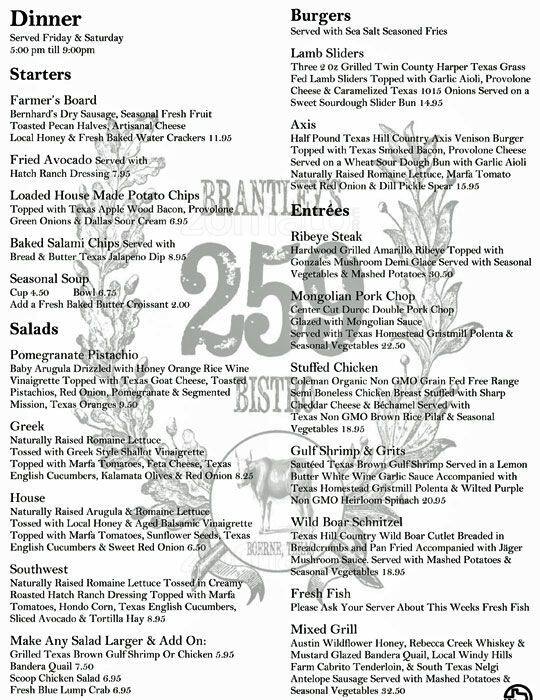 Menu of Brantley's 259 Bistro, Boerne, Boerne  