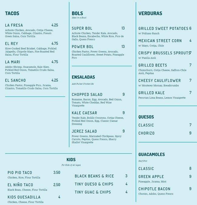 Menu of Fresa's - South First, South Congress - SoCo, Austin  