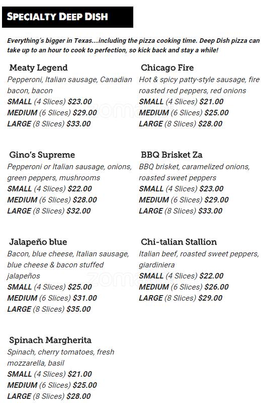 Menu of Gino's East, Northwest Dallas, Dallas  