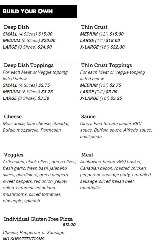 Menu of Gino's East, Northwest Dallas, Dallas  