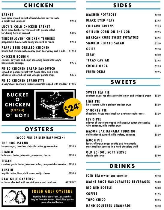 Menu of Lucy's Fried Chicken, Downtown, Austin  
