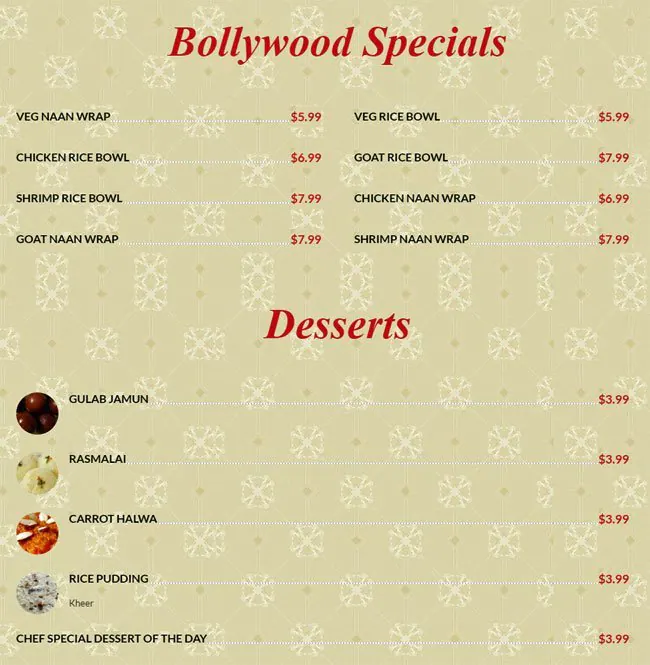 Menu of Bollywood Indian Grill, Downtown, Austin  